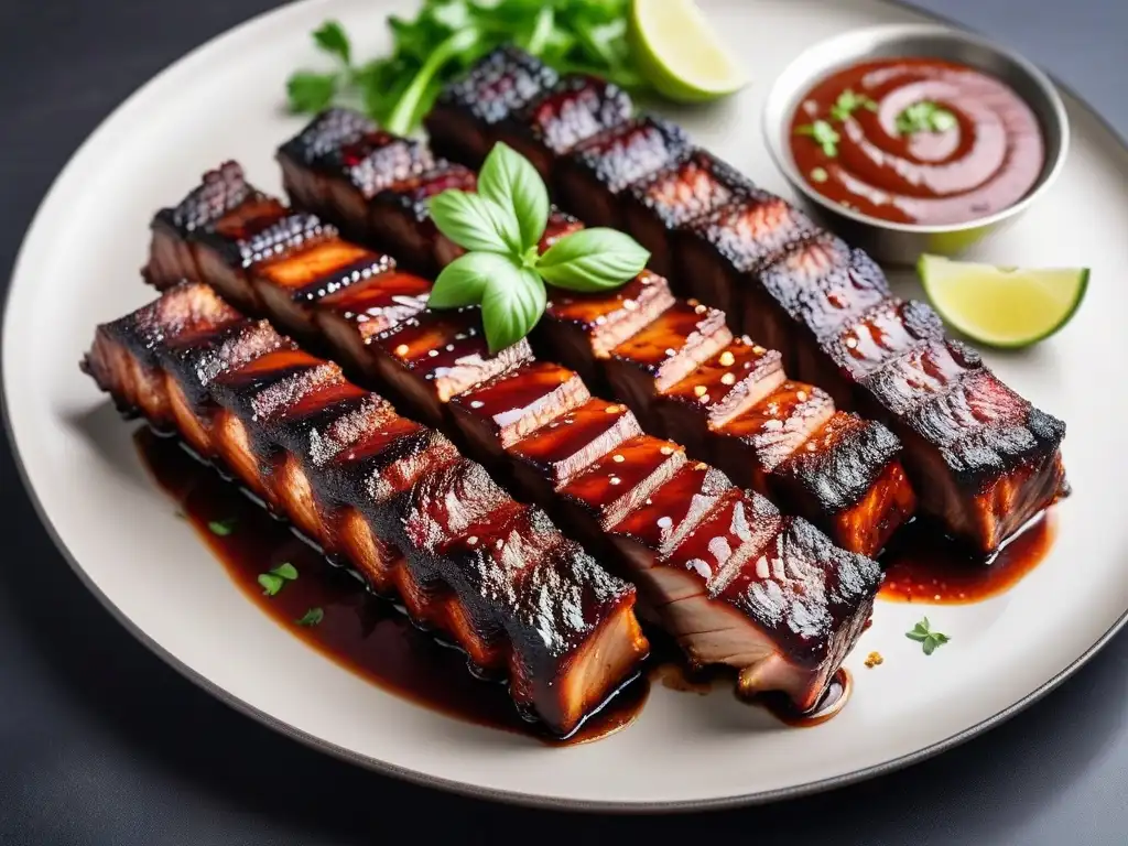 Deliciosas costillas veganas barbacoa en un plato, bañadas en salsa brillante y ahumada