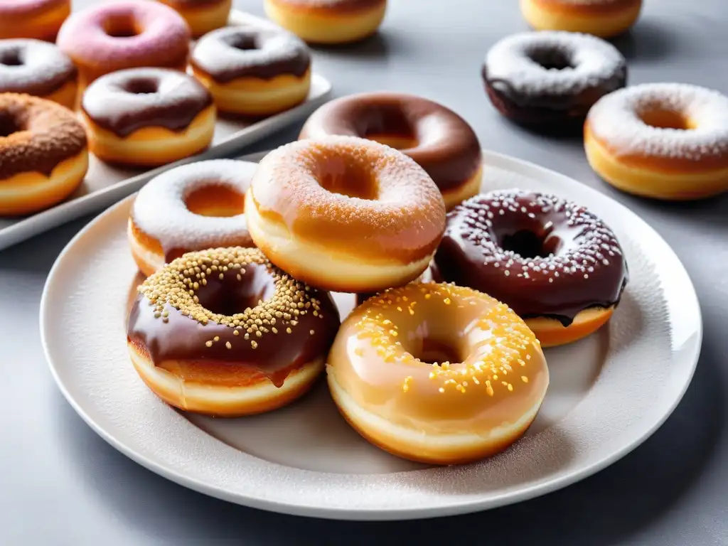 Deliciosas donas veganas esponjosas recién horneadas, doradas y espolvoreadas con azúcar glass, sobre plato blanco