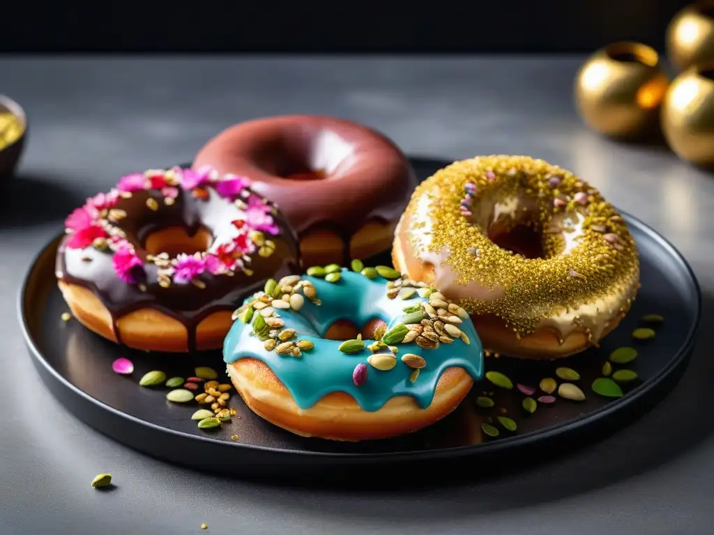 Deliciosas donas veganas esponjosas con glaseado brillante y toppings coloridos, listas para saborear