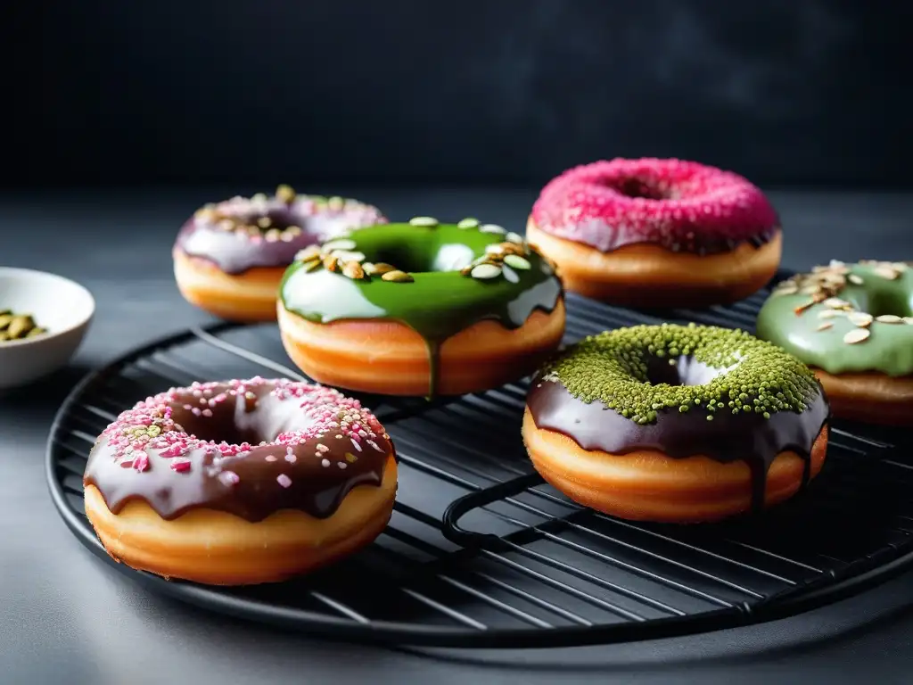 Deliciosas donas veganas esponjosas con glaseado de matcha, espirulina azul y frambuesa, decoradas con pistachos, coco y flores comestibles