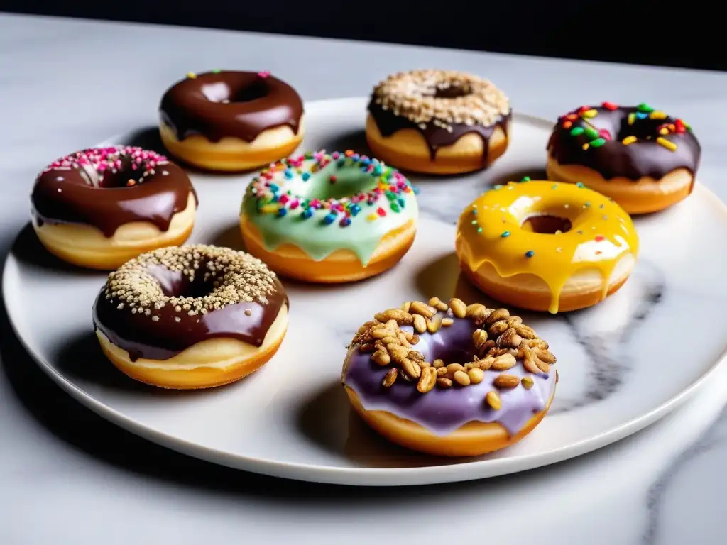 Deliciosas donas veganas esponjosas con cobertura irresistible, listas para disfrutar en una encimera de mármol blanco