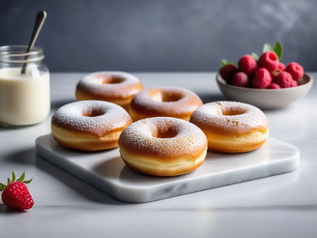 Deliciosas donas veganas esponjosas, doradas y espolvoreadas con azúcar glass, decoradas con frutos rojos frescos, en una cocina moderna