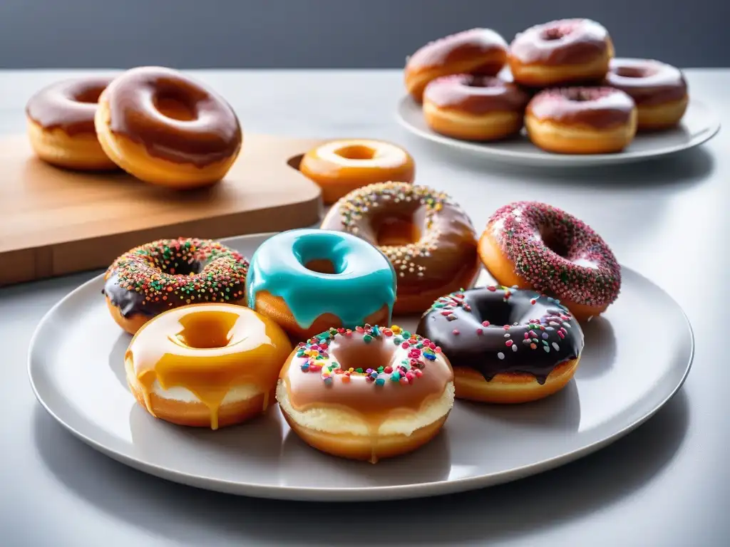 Deliciosas donas veganas esponjosas con glaseado colorido en plato, en cocina moderna