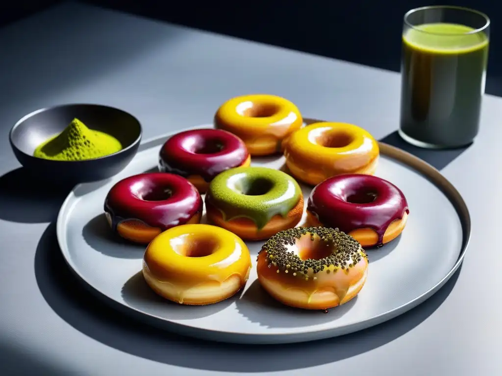 Deliciosas donas veganas glaseadas con ingredientes naturales como matcha, remolacha y cúrcuma, presentadas en un elegante plato moderno