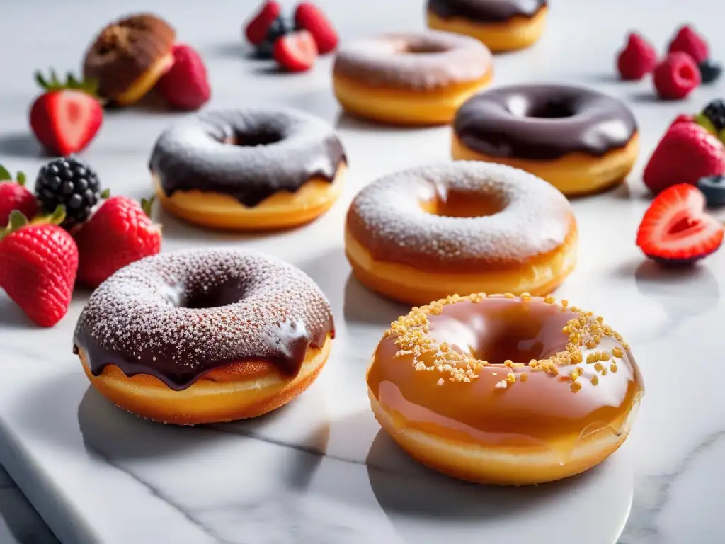 Deliciosas donas veganas sin gluten, recién horneadas y decoradas con bayas frescas, sobre elegante encimera de mármol blanco