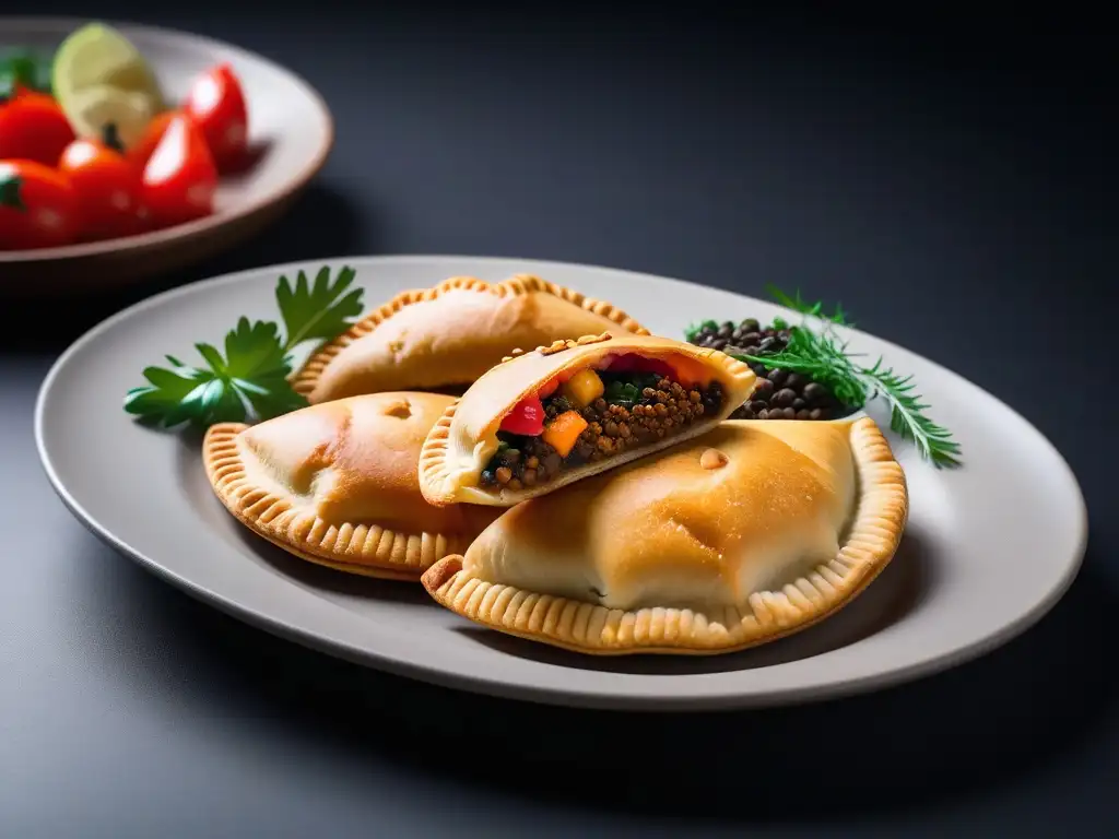 Deliciosas empanadas veganas argentinas con ingredientes coloridos y crujientes en un plato elegante