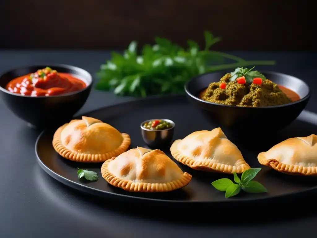 Deliciosas empanadas veganas sin gluten internacionales en plato negro elegante