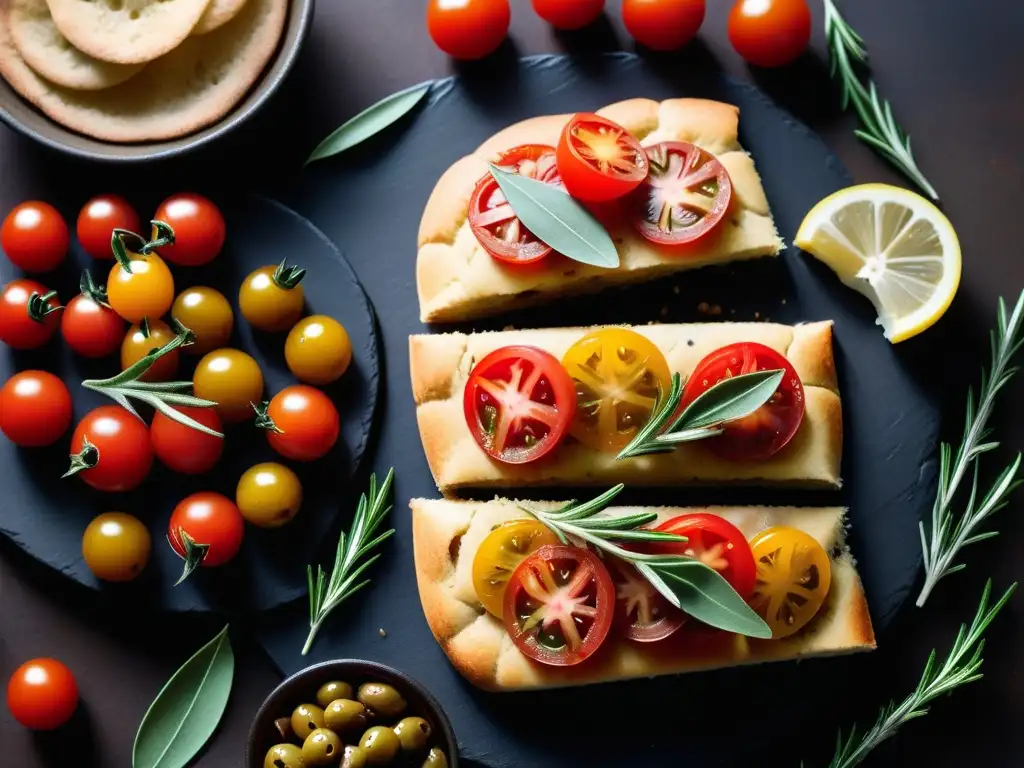 Deliciosas focaccias veganas sin gluten en una presentación artística y colorida