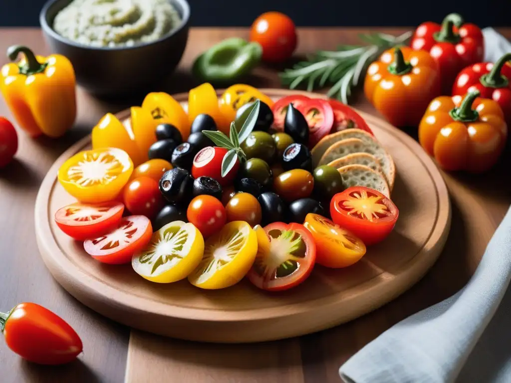 Deliciosas focaccias veganas sin gluten, con tomates cherry, romero y aceitunas, en una elegante bandeja de madera