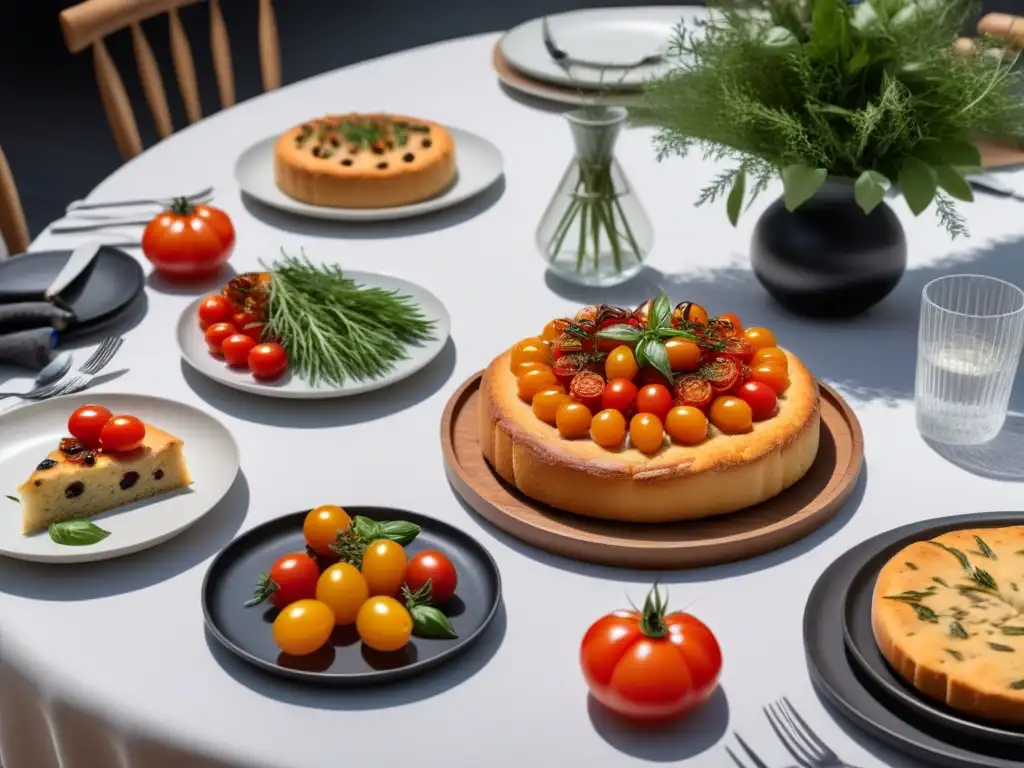 Deliciosas focaccias veganas sin gluten en una mesa elegante y bien iluminada con vajilla moderna y flores frescas