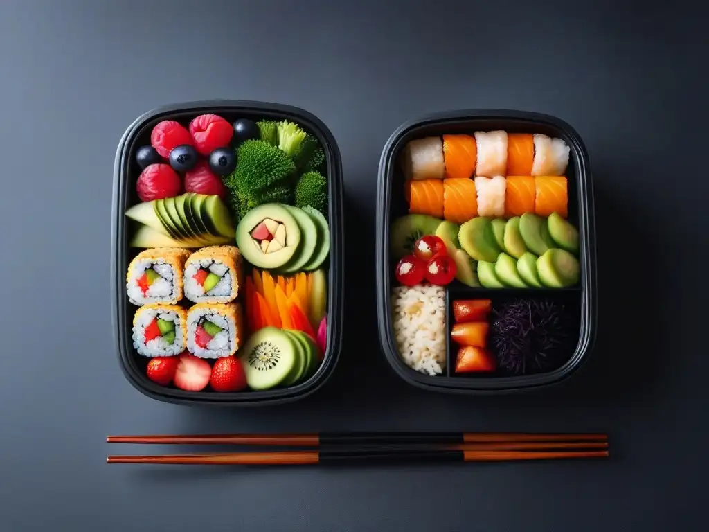 Deliciosas fusiones en almuerzos veganos creativos con sushi de vegetales, ensalada de quinoa y rolls primavera coloridos