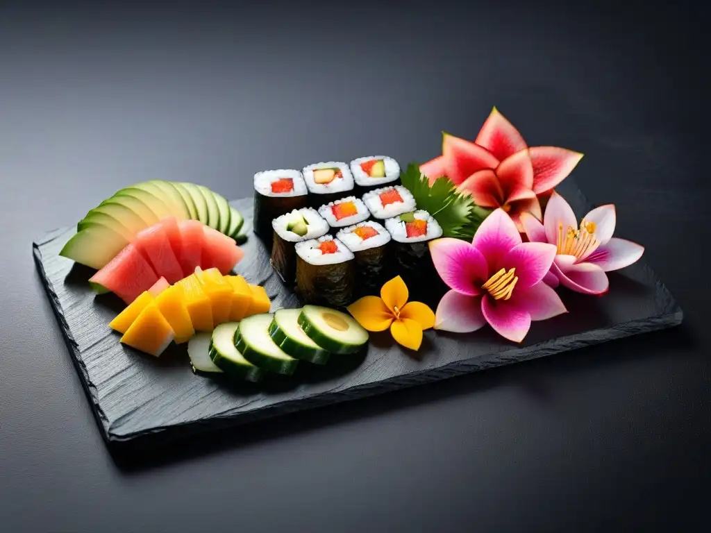 Deliciosas fusiones veganas en la gastronomía: plato de sushi vegano con ingredientes frescos y coloridos sobre tabla de pizarra negra