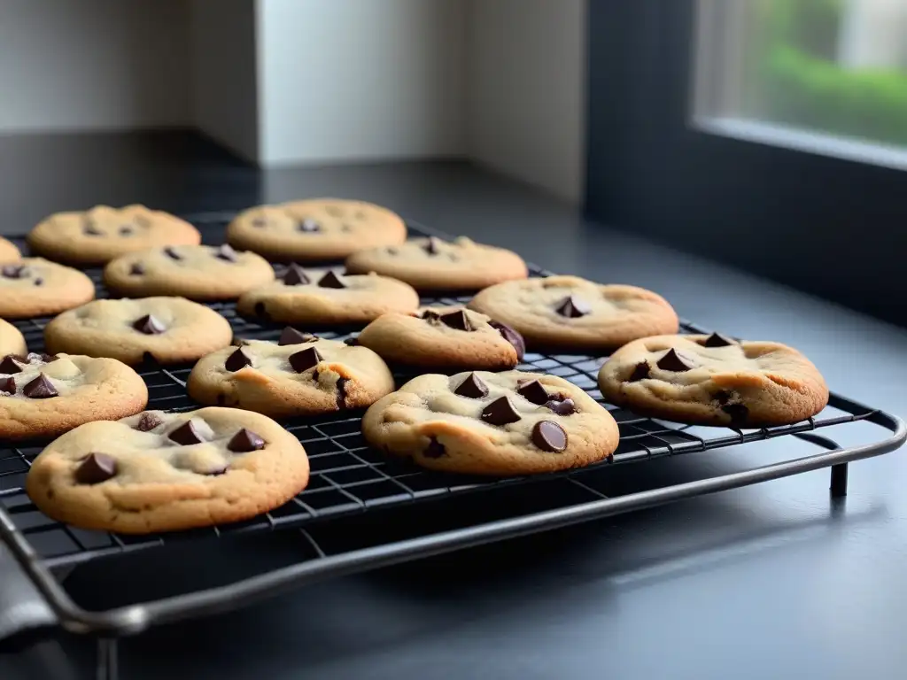 Deliciosas galletas veganas con chispas de chocolate recién horneadas en una cocina minimalista