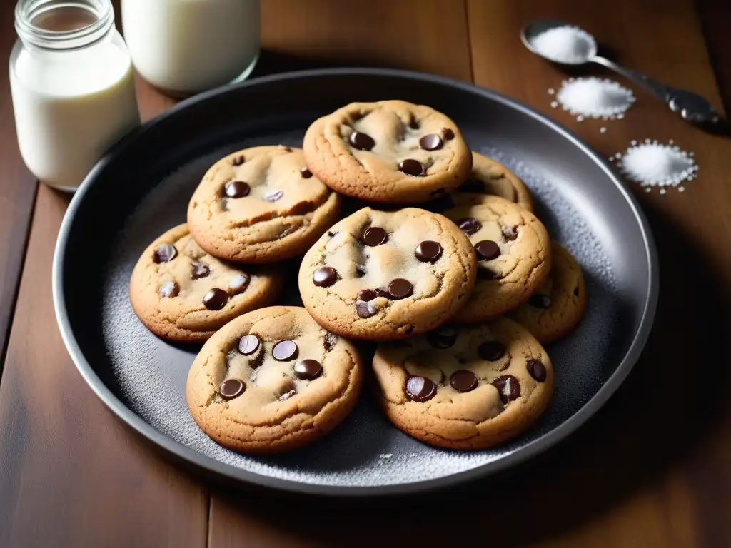 Deliciosas galletas veganas con chocolate y sal marina, lista para saborear en una mesa rústica