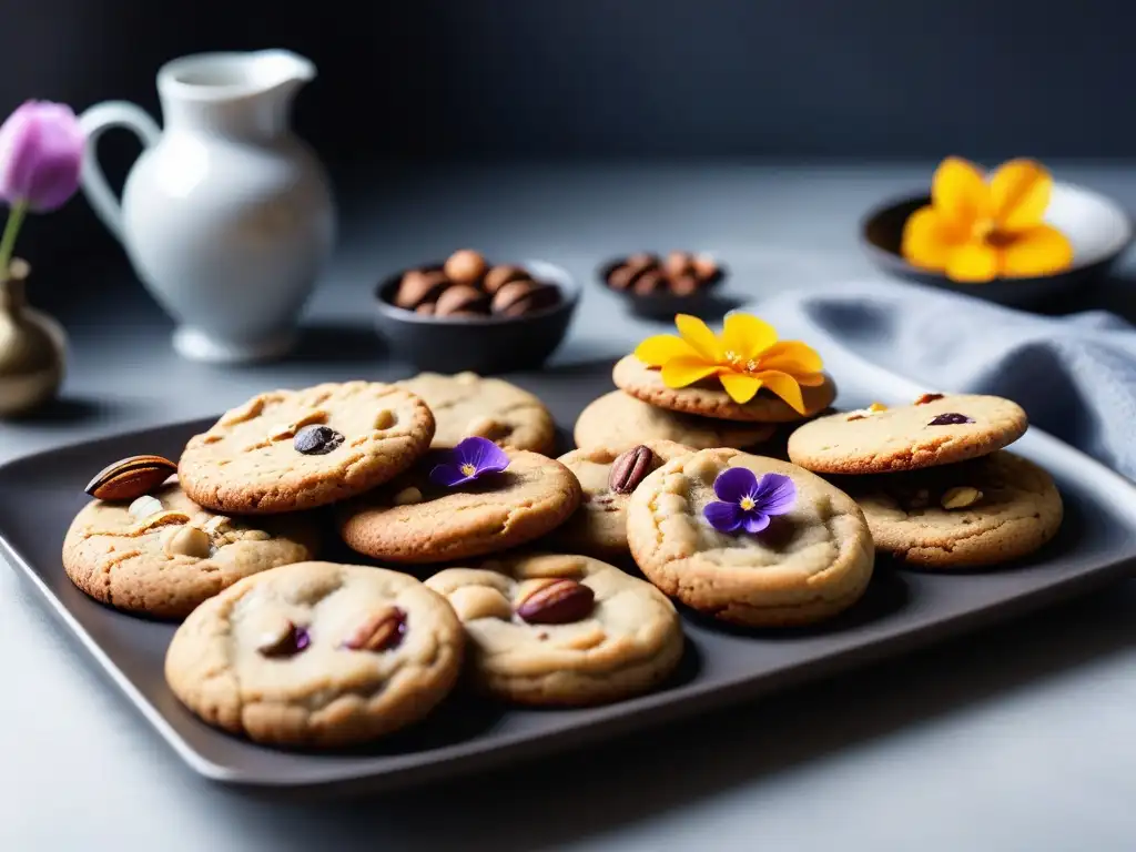 Deliciosas galletas veganas sin gluten receta, decoradas con flores comestibles, nueces y semillas, en un entorno de cocina luminoso y minimalista