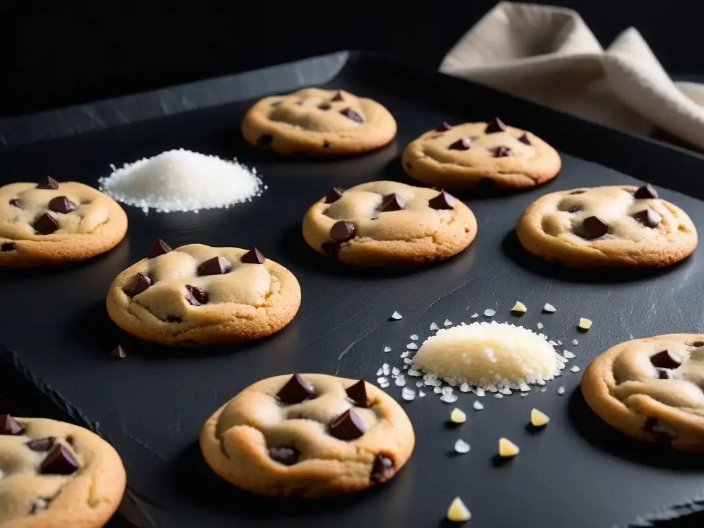 Deliciosas galletas veganas fáciles receta con chips de chocolate recién horneadas en una elegante superficie de pizarra negra