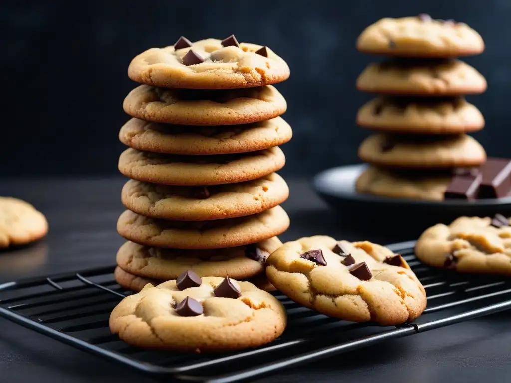 Deliciosas galletas veganas sin gluten receta, recién horneadas, doradas y brillantes, dispuestas sobre una rejilla negra mate