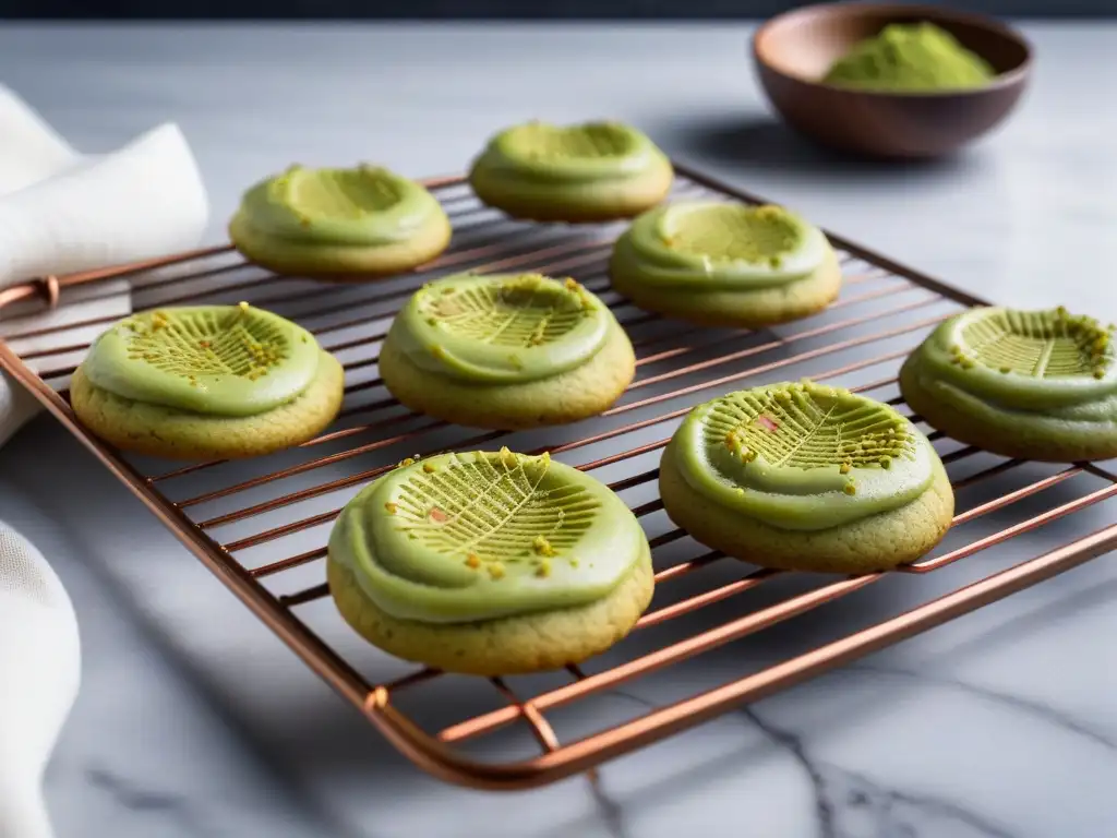 Deliciosas galletas veganas sin gluten receta, recién horneadas, decoradas con matcha y coco tostado en una elegante rejilla