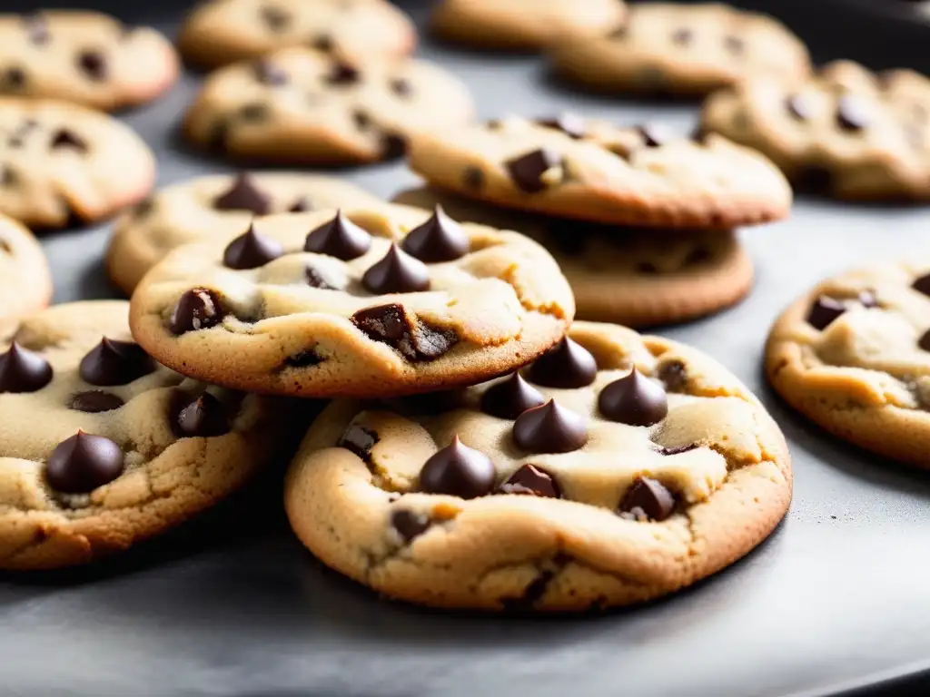 Deliciosas galletas veganas recién horneadas con trozos de chocolate fundido, en una cocina moderna