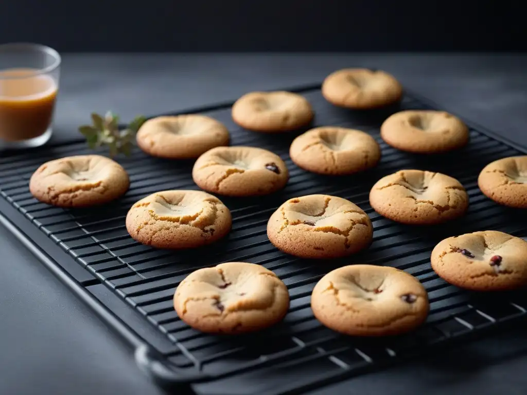 Deliciosas galletas veganas recién horneadas con una textura perfecta en una elegante rejilla de enfriamiento, en una cocina moderna