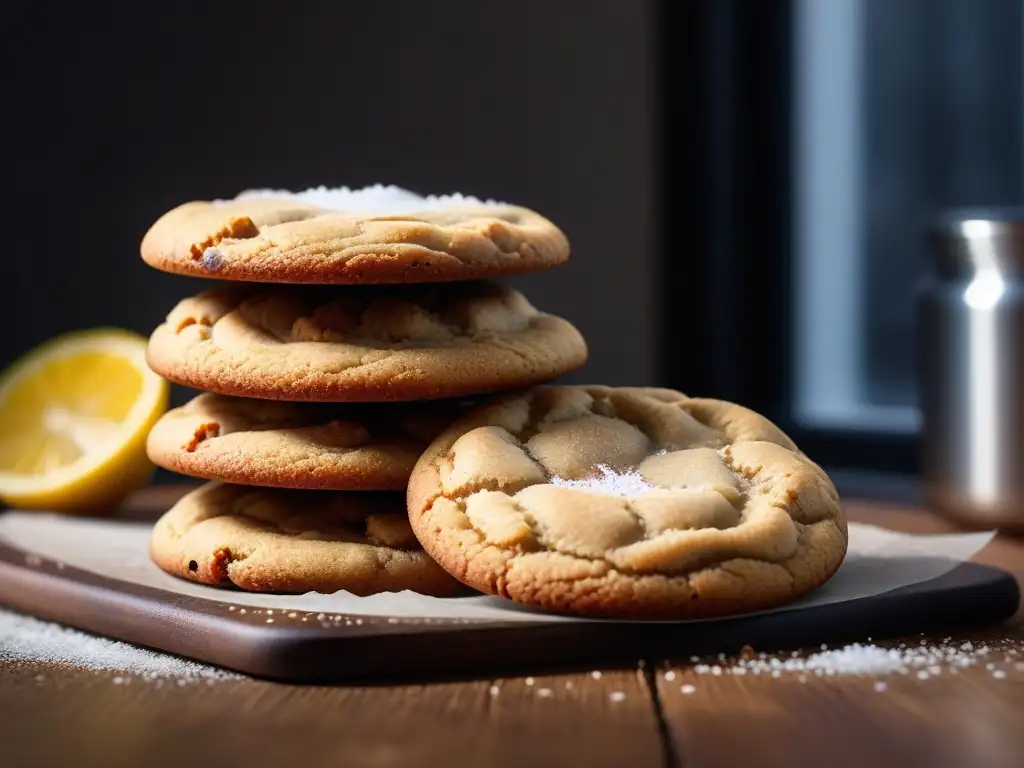 Deliciosas galletas veganas recién horneadas con textura perfecta y toque de sal marina, sobre tabla de madera rústica