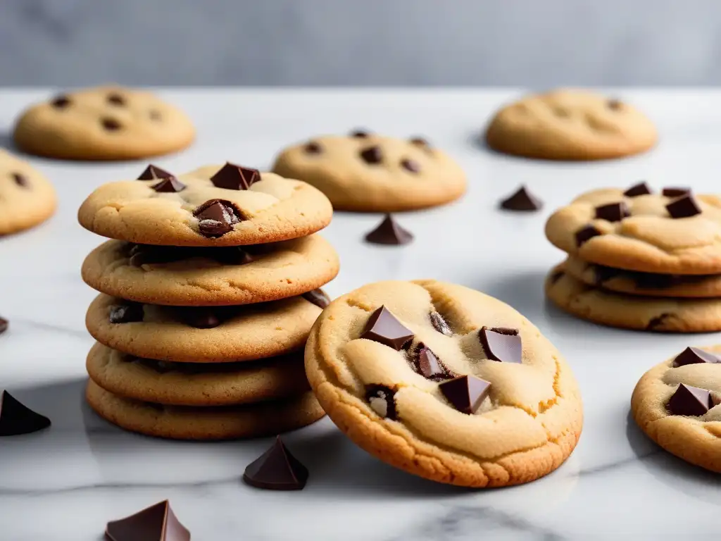 Deliciosas galletas veganas recién horneadas en mármol blanco, crujientes y con trozos de chocolate