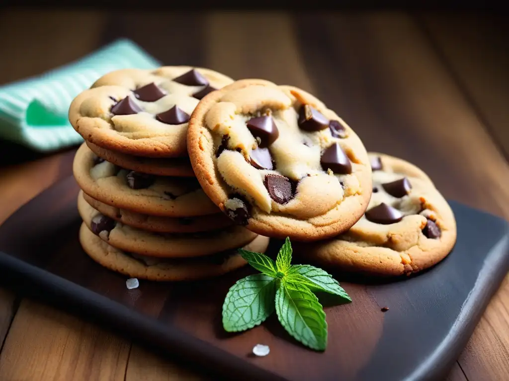 Deliciosas galletas veganas con trozos de chocolate y hojas de menta en una mesa de madera rústica