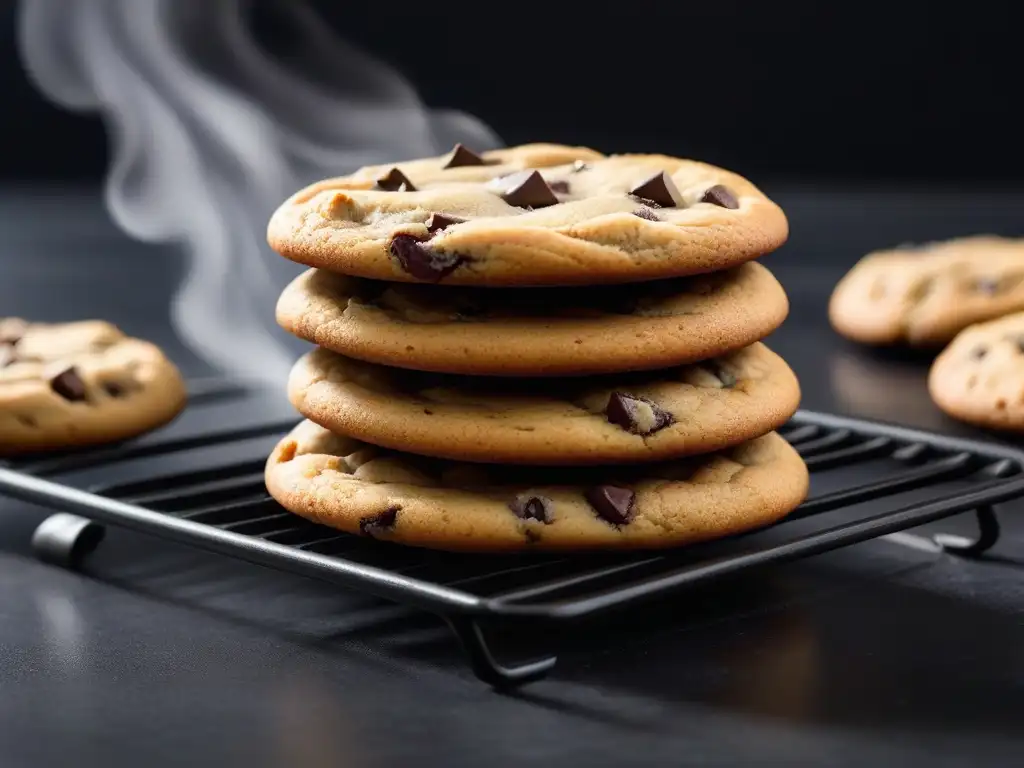 Deliciosas galletas veganas con trozos de chocolate, recién horneadas en una cocina chic