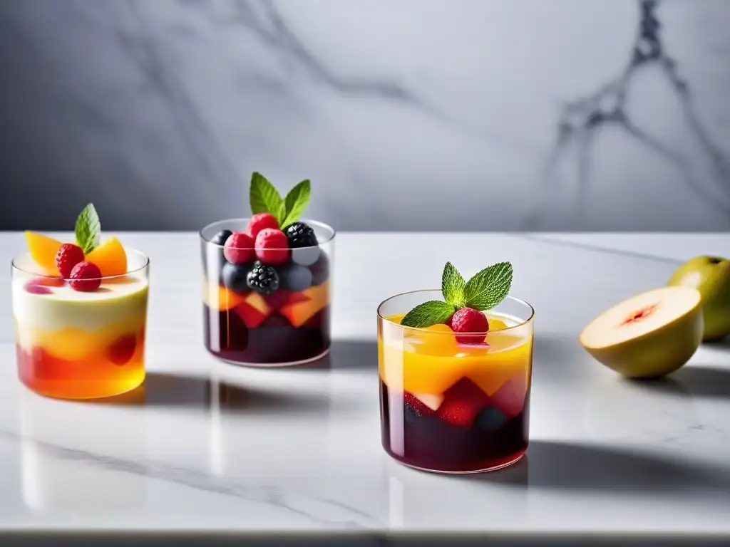 Deliciosas gelatinas veganas de frutas con una presentación elegante, en un mostrador de mármol con bayas y hojas de menta