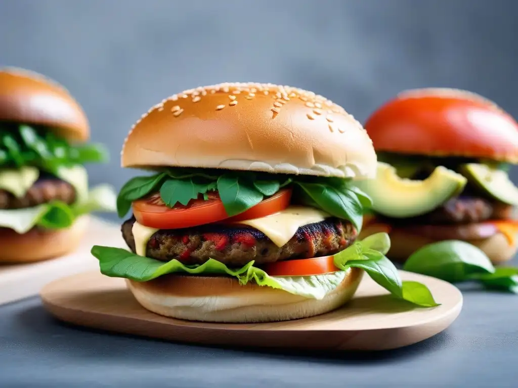 Deliciosas hamburguesas veganas europeas con coloridos ingredientes frescos y crujientes papas fritas doradas