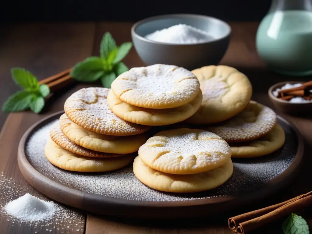 Deliciosas hojarascas veganas doradas con azúcar glass, canela y menta en plato rústico