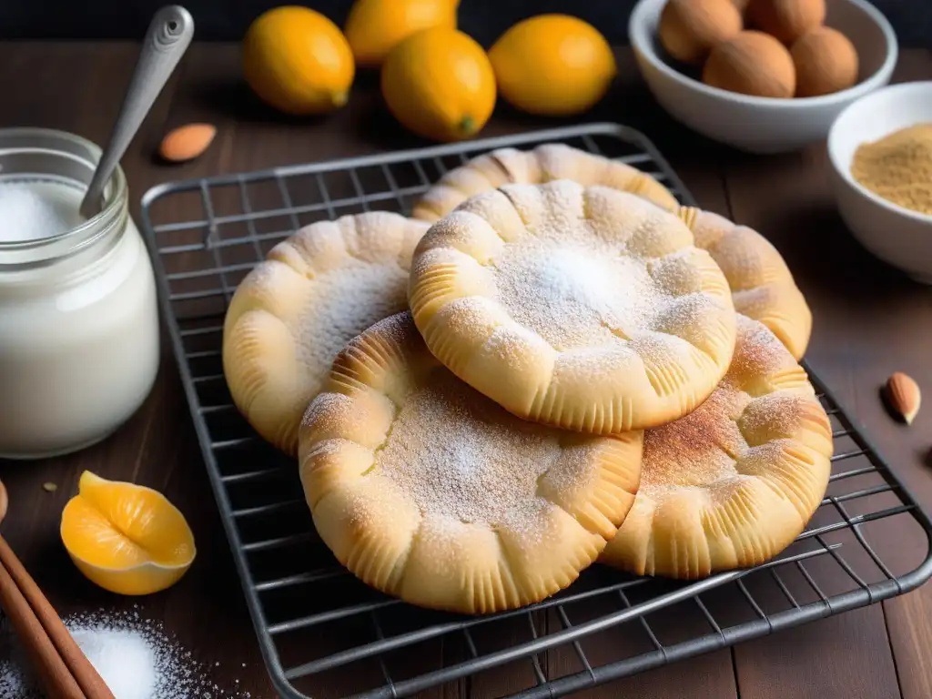 Deliciosas hojarascas veganas recién horneadas en una rejilla, con textura dorada y escarcha de azúcar