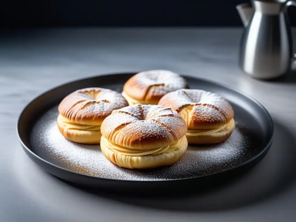 Unas deliciosas hojarascas veganas recién horneadas en un elegante plato, mostrando su textura escamosa y dorado perfecto