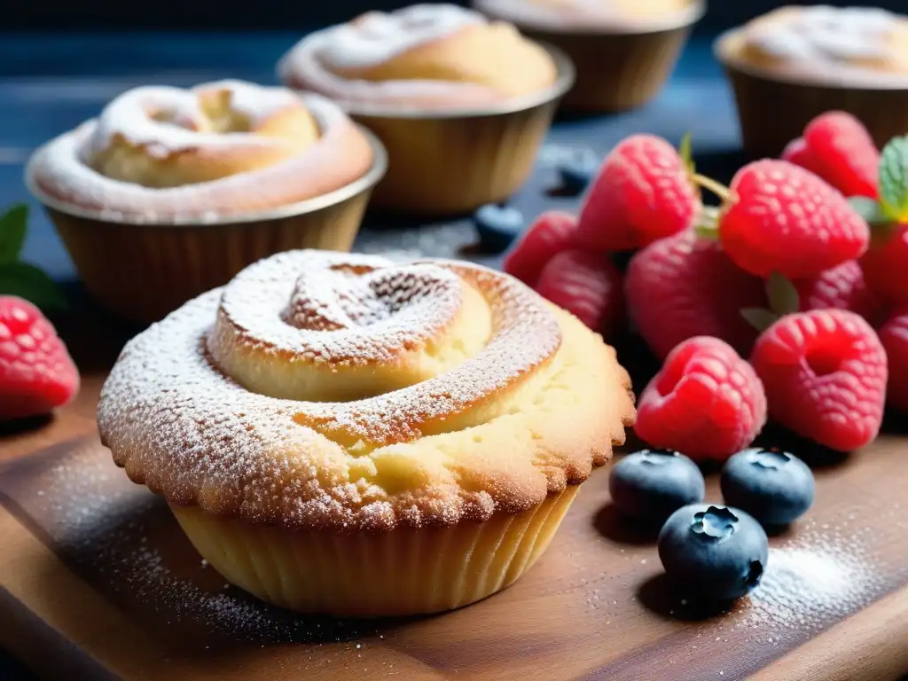 Deliciosas magdalenas veganas con frutas frescas Deliciosas magdalenas veganas doradas con azúcar glas, frutas frescas y menta