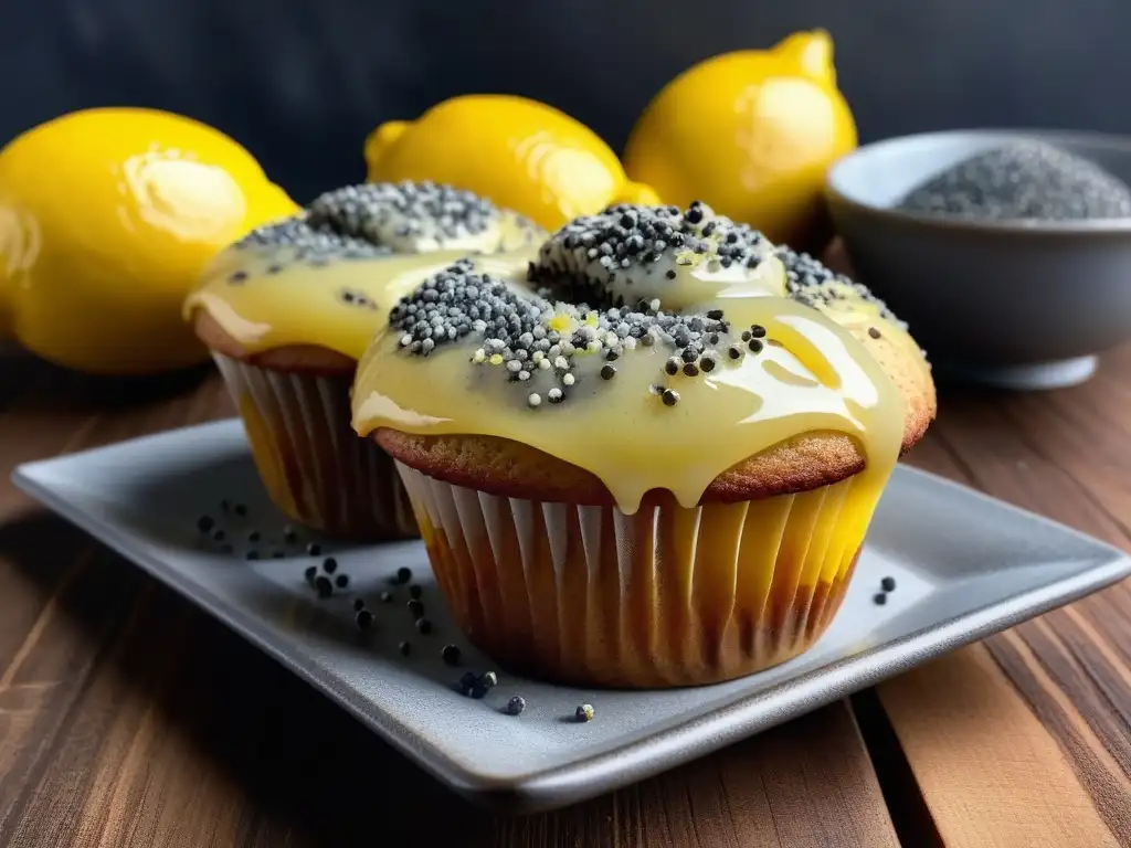 Deliciosas magdalenas veganas de limón con semillas, glaseadas y recién horneadas en una mesa rústica con limones frescos y semillas esparcidas