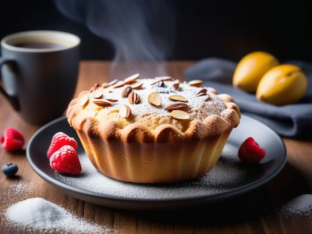 Deliciosas magdalenas veganas con almendras y frutas frescas Deliciosas magdalenas veganas con sabores intensos, adornadas con almendras y azúcar glas, junto a café aromático y frutas frescas