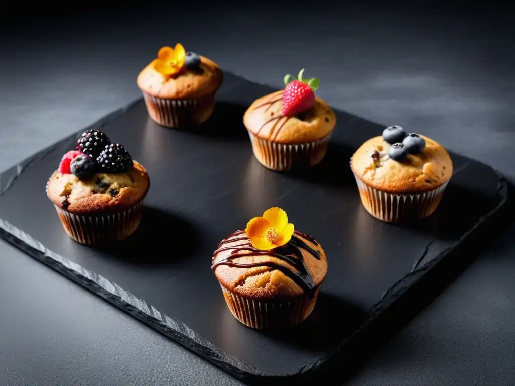 Muffins veganos gourmet: deliciosas obras de arte Deliciosas magdalenas veganas con sabores intensos, decoradas con bayas y flores comestibles en una elegante bandeja de pizarra negra