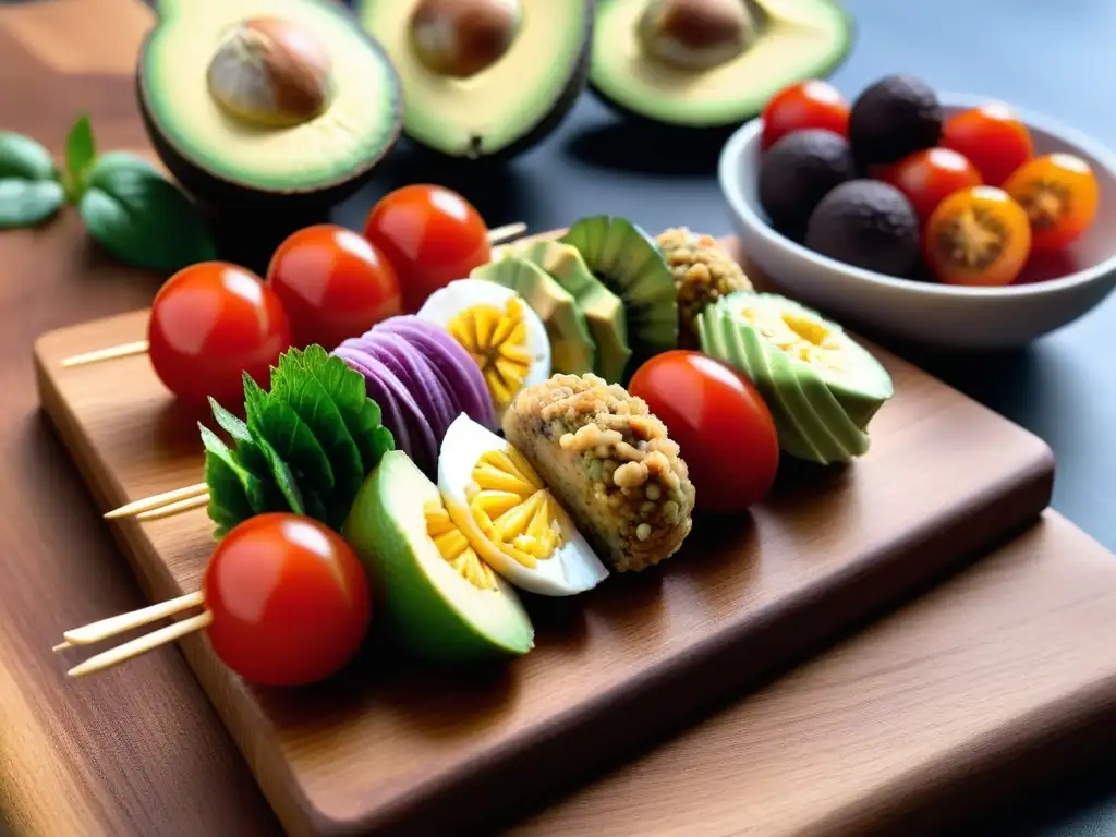 Deliciosas meriendas veganas por estación en tabla de madera bajo el cálido sol