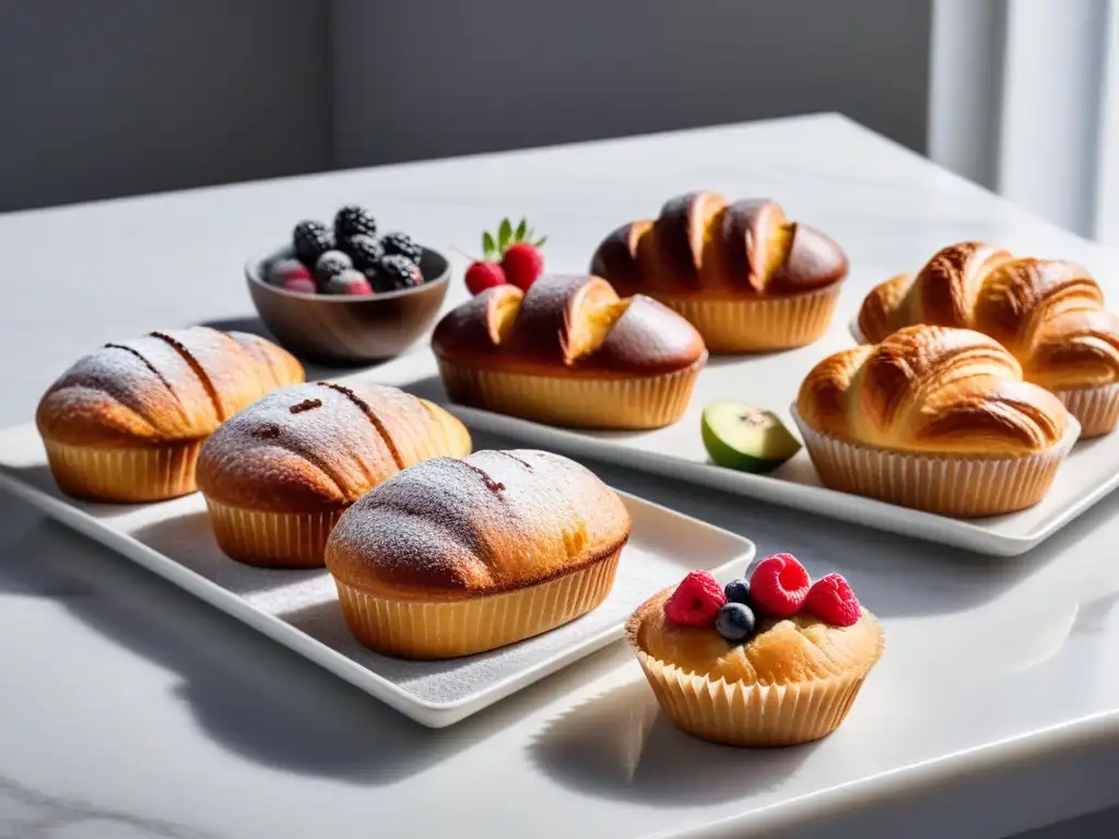 Deliciosas opciones veganas sin gluten: pan recién horneado, cruasanes y muffins, decorados con frutas y azúcar glass