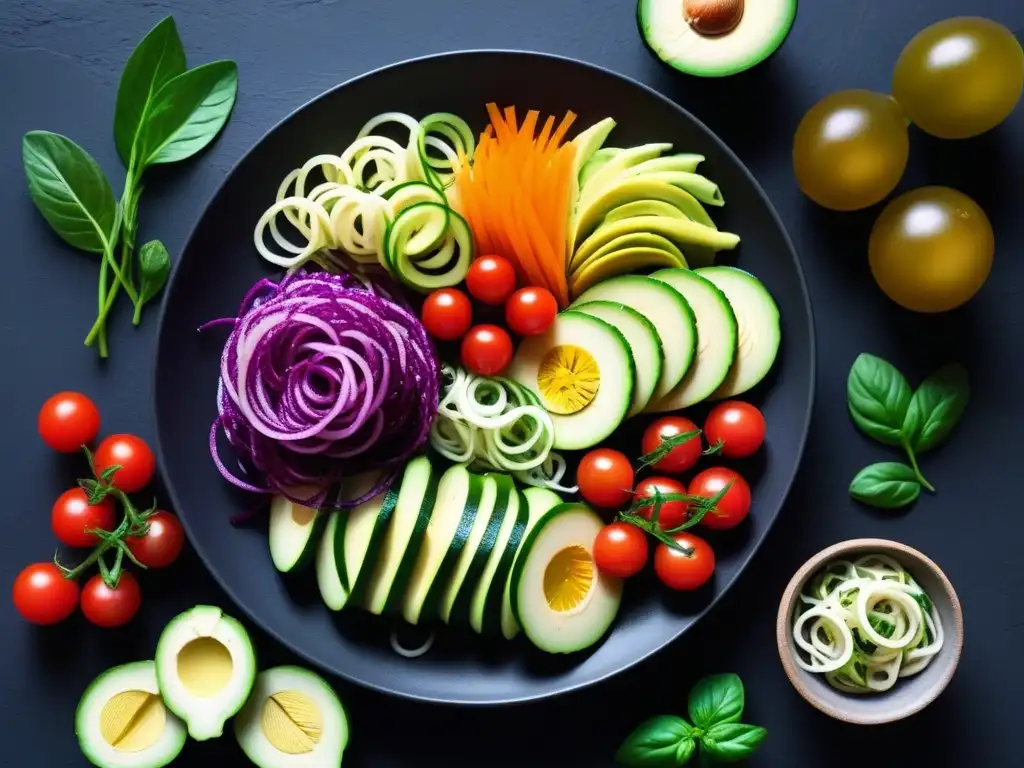 Deliciosas preparaciones crudas veganas en plato negro, con espirales de calabacín, aguacates y ensalada colorida