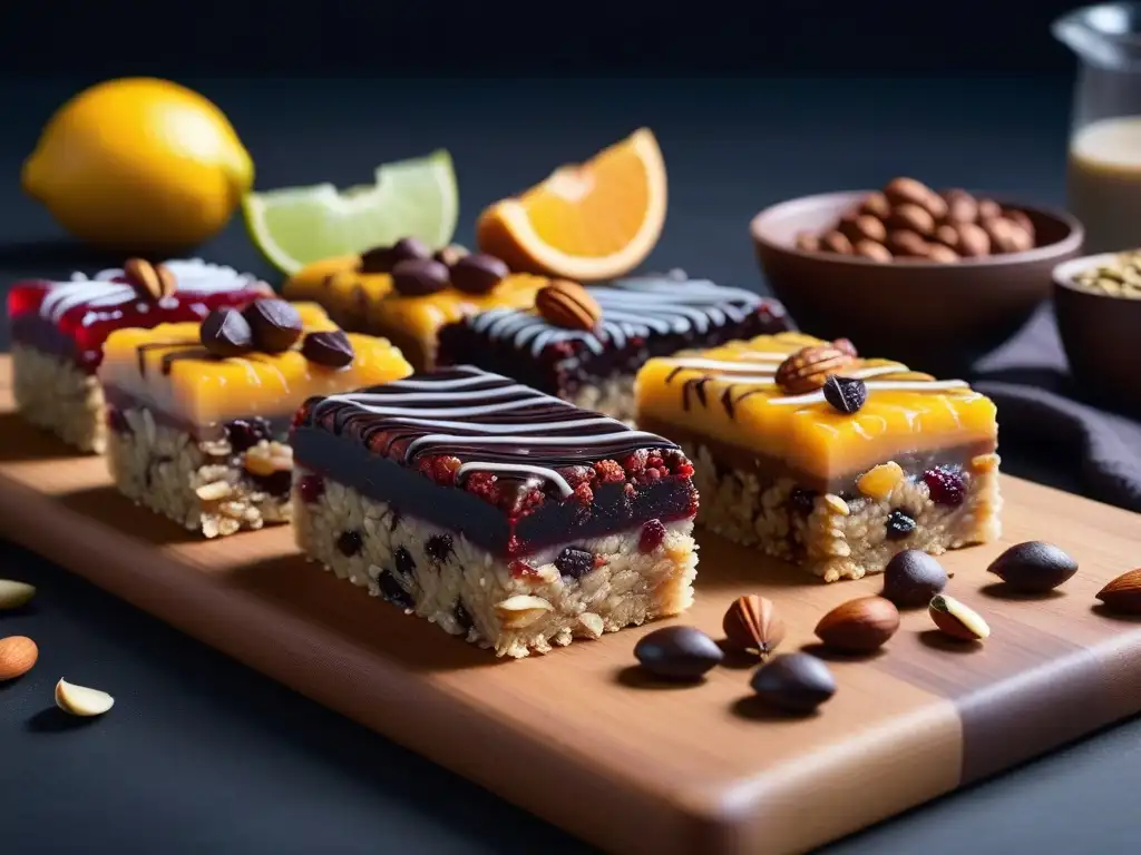 Deliciosas recetas barritas energéticas veganas decoradas con frutos secos, semillas y chocolate en una tabla de madera moderna