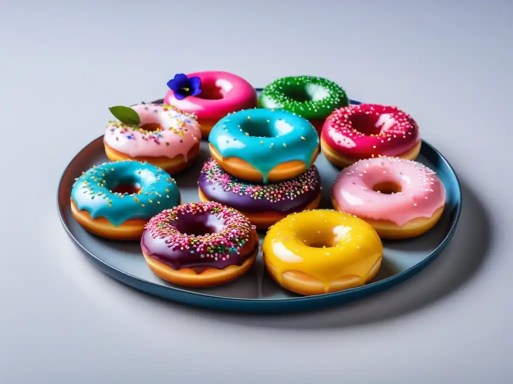 Deliciosas recetas de donas veganas glaseadas en tonos vibrantes con flores comestibles y sprinkles, sobre plato blanco moderno