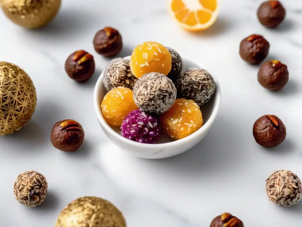 Deliciosas recetas de snacks veganos energéticos en una presentación colorida y moderna en una encimera de mármol blanco