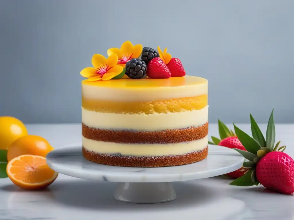 Deliciosas recetas tartas veganas sabores exóticos en una mesa de mármol con pasteles coloridos y decoraciones artísticas