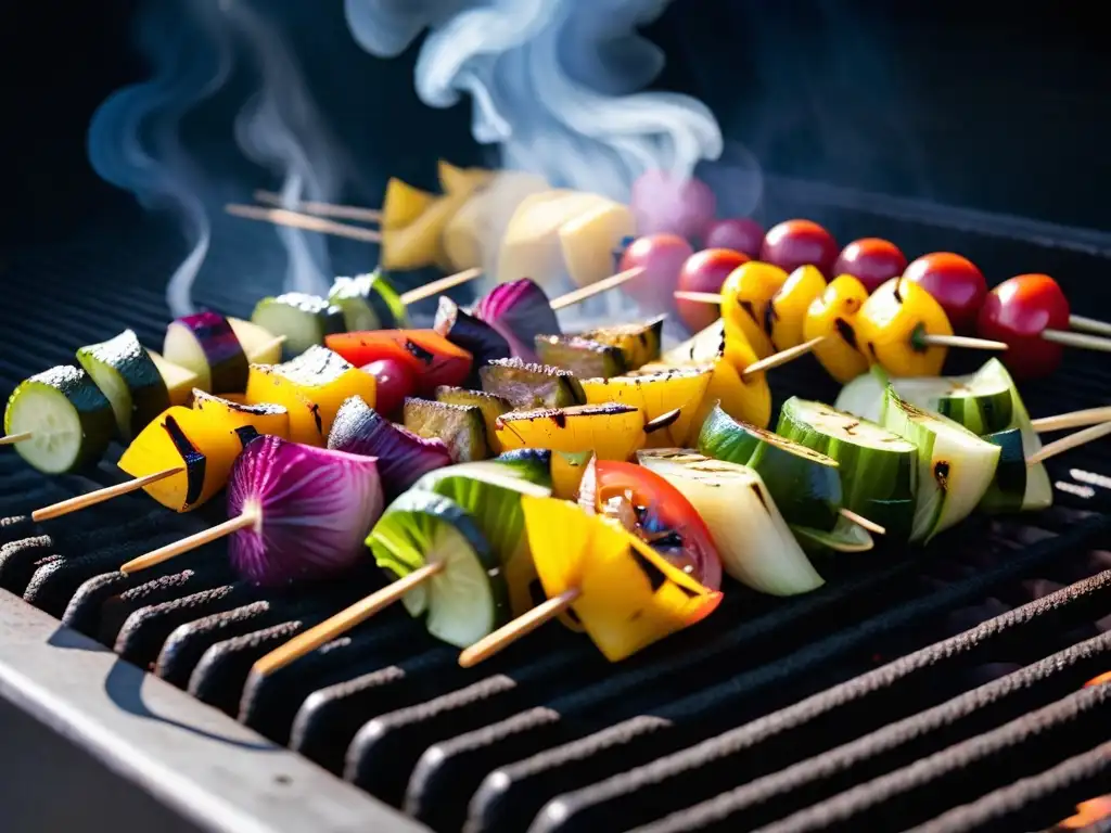 Deliciosas recetas veganas a la parrilla: coloridas brochetas de verduras en una parrilla negra, humeante y moderna