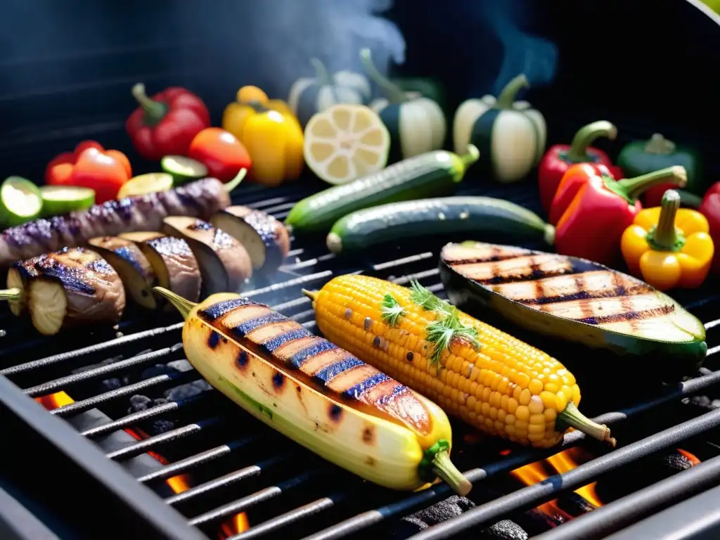 Deliciosas recetas veganas para parrillada Latina con una variedad de vegetales asados en una parrilla vibrante y moderna