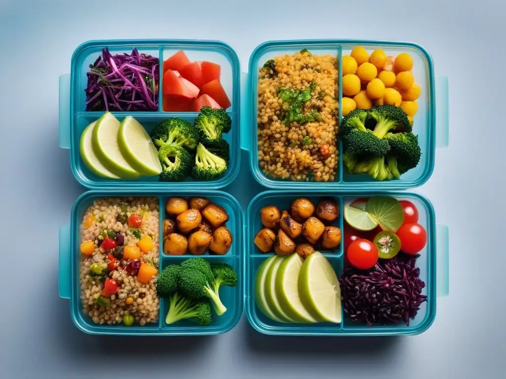 Deliciosas recetas veganas semanales saludables en modernas cajas bento, con coloridas comidas frescas y balanceadas