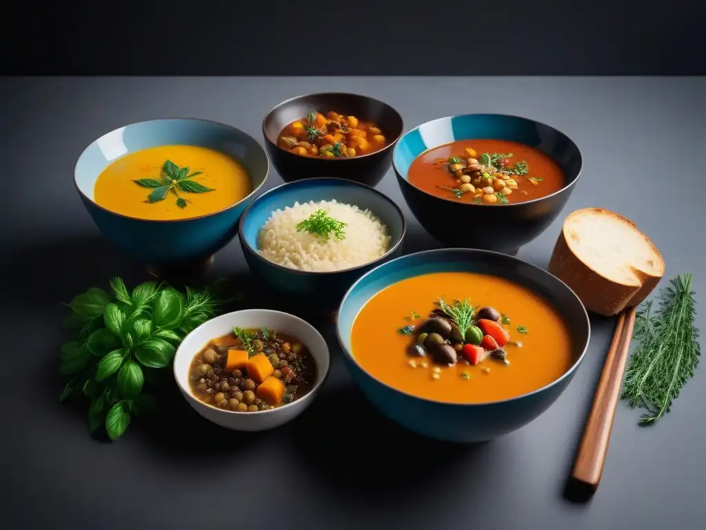 Deliciosas recetas veganas de sopas y guisos de invierno europeos en cuencos modernos y coloridos, decorados con hierbas frescas y especias