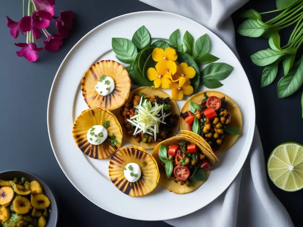 Deliciosas recetas veganas caribeñas mar y tierra en plato blanco con colorida variedad de platillos y decoración fresca