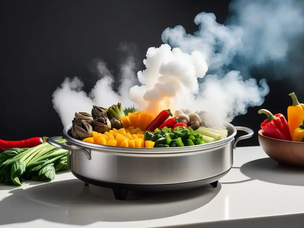 Deliciosas recetas veganas al vapor exóticas en un vaporizador de bambú con ingredientes coloridos